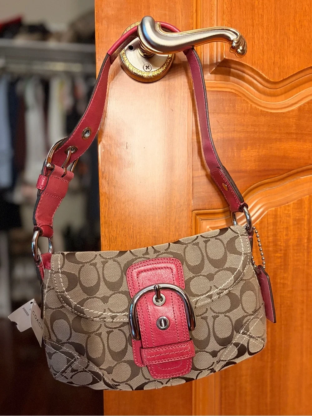 Coach Signature Canvas Shoulder Bag with Pink Leather Trim